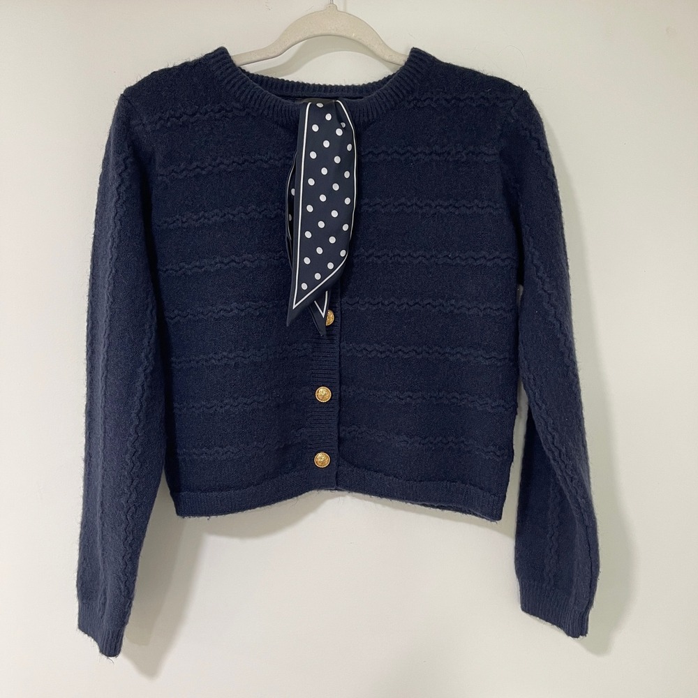 Line and Dot Scarf Tie Cardigan Womens Small Navy Blue Gold Buttons |‎ Coquette